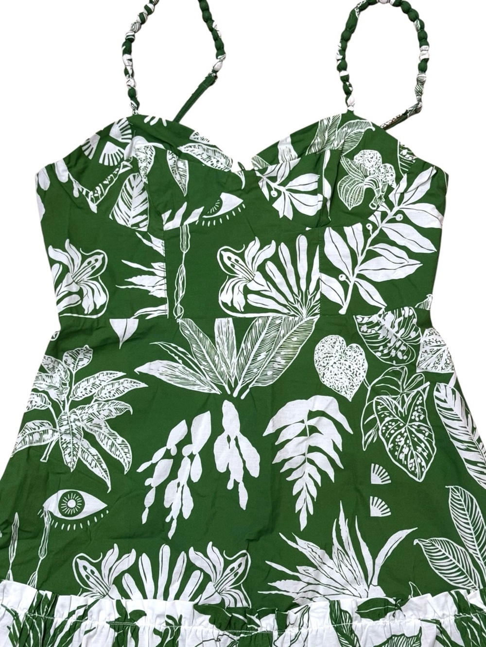 Farm Rio Sz S Dress Forest Soul Mix Midi Green White Sundress Anthropologie - Picture 4 of 11